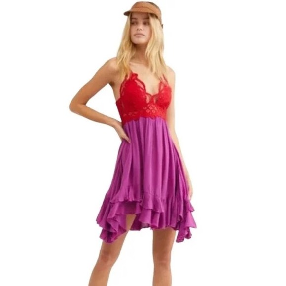 Free People Dresses & Skirts - Free People Adella Lace Slip Dress in Lipstick purple and red lace Size small